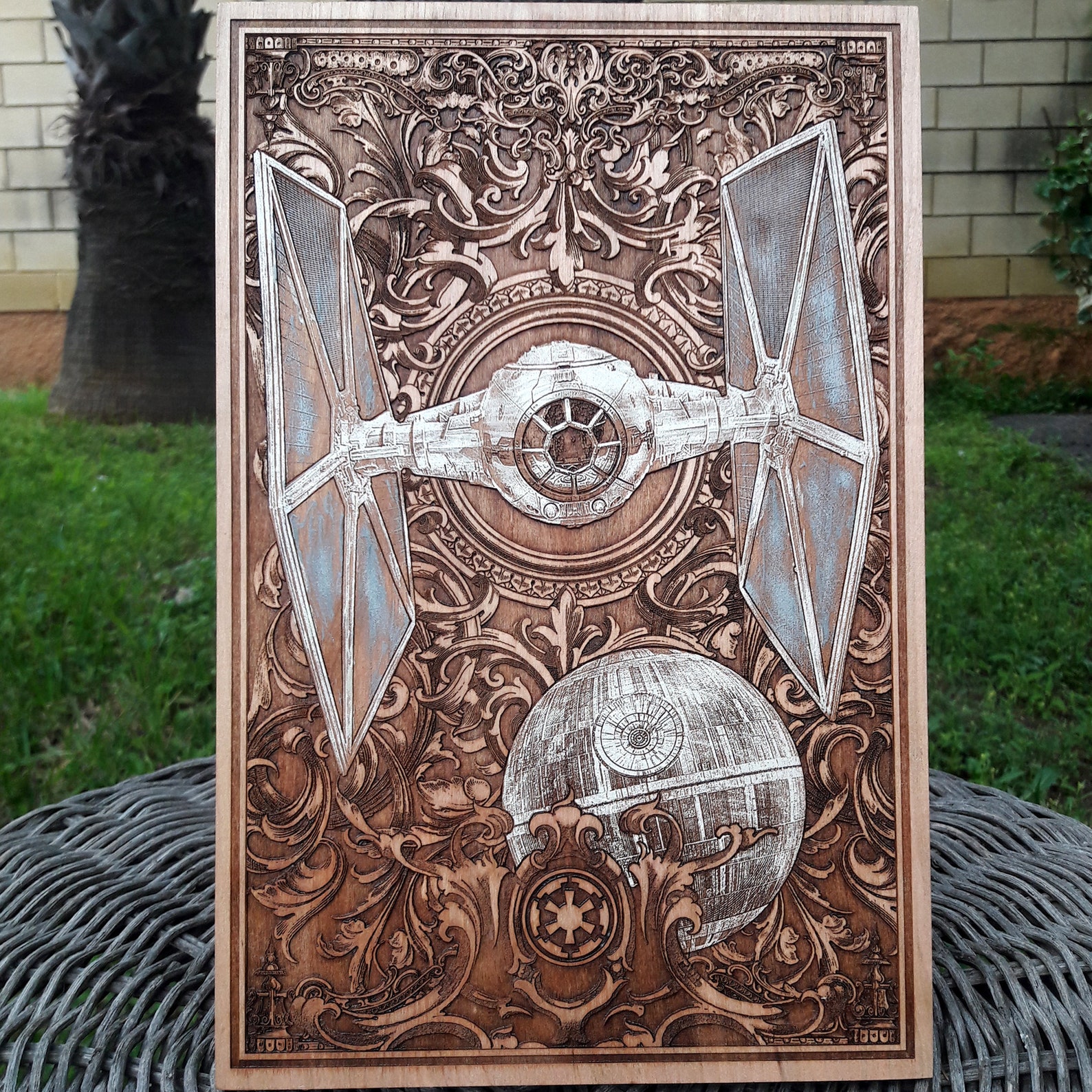 SW Death Star & Tie Fighter Personalized Wood Art Portrait 1