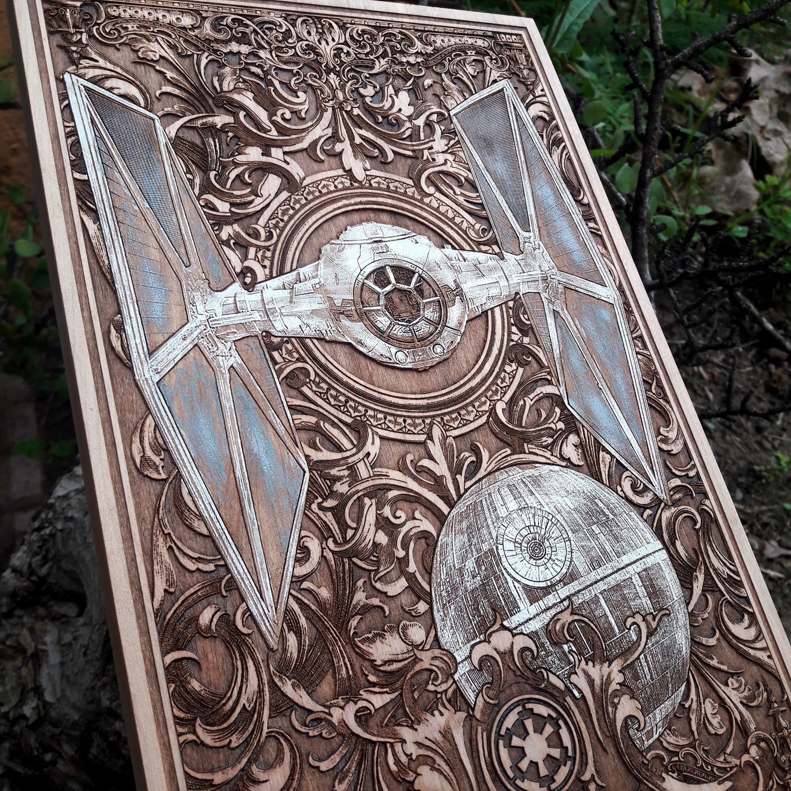 SW Death Star & Tie Fighter Personalized Wood Art Portrait 3