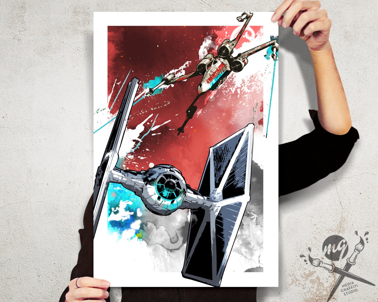 SW X-Wing Fighter and Tie Fighter Battle Art Print Poster 2