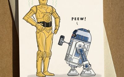 New Star Wars C-3P0 and R2-D2 Cartoon Pun Movie Humor Greetings Card available now!