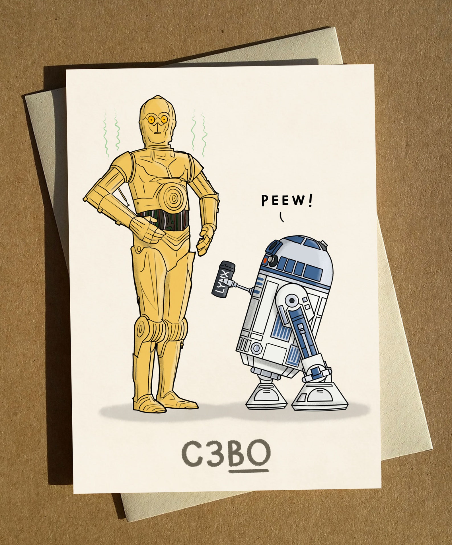 SW C-3P0 and R2-D2 Cartoon Pun Movie Humor Greetings Card 1