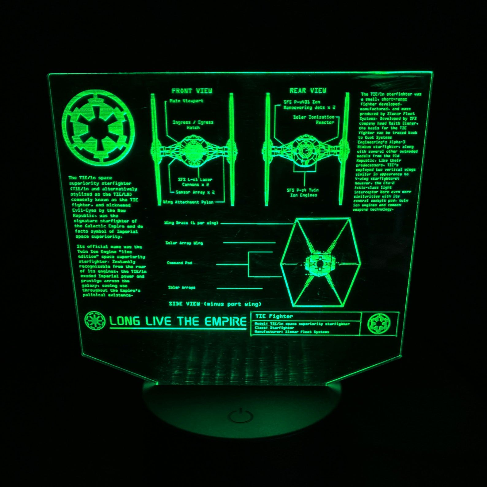 SW Imperial Tie Fighter LED Edge Lit Blueprints Acrylic Sign Light 1