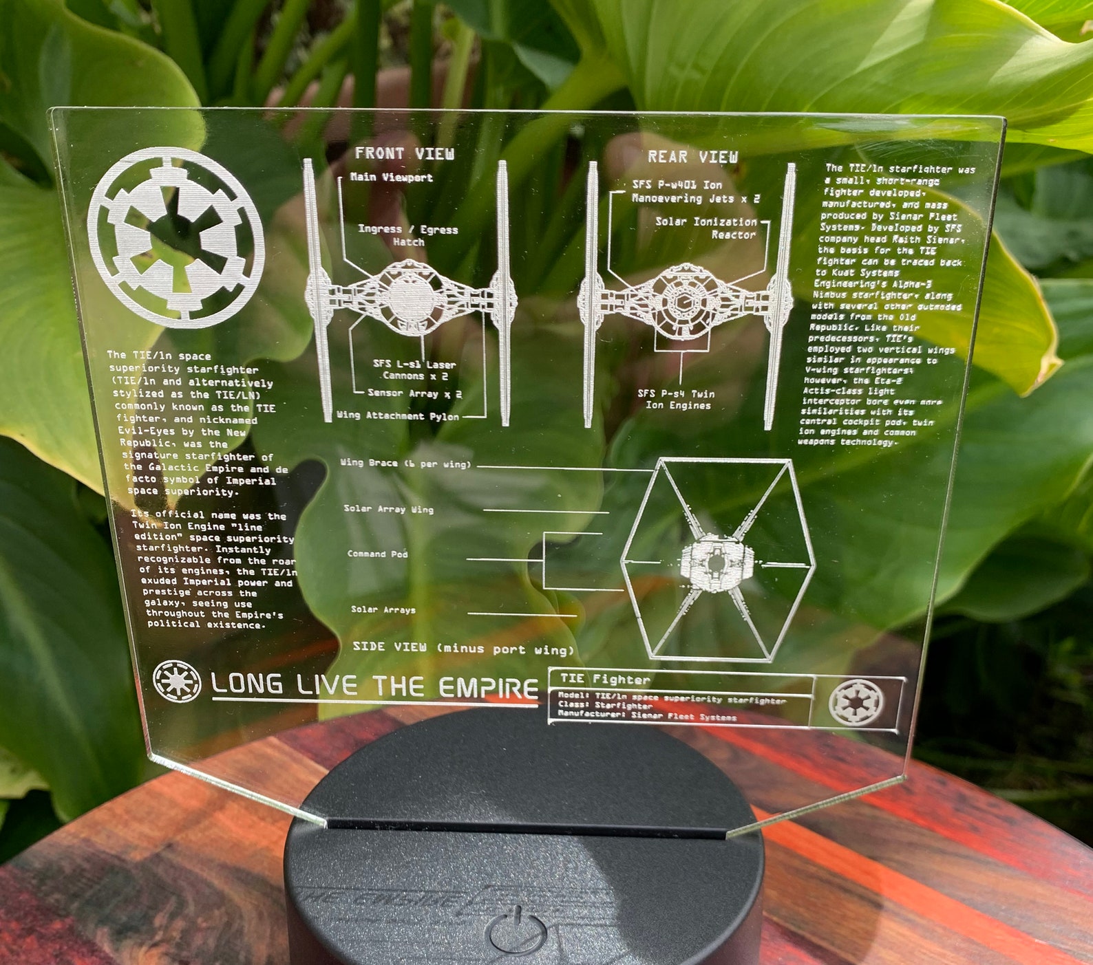 SW Imperial Tie Fighter LED Edge Lit Blueprints Acrylic Sign Light 2