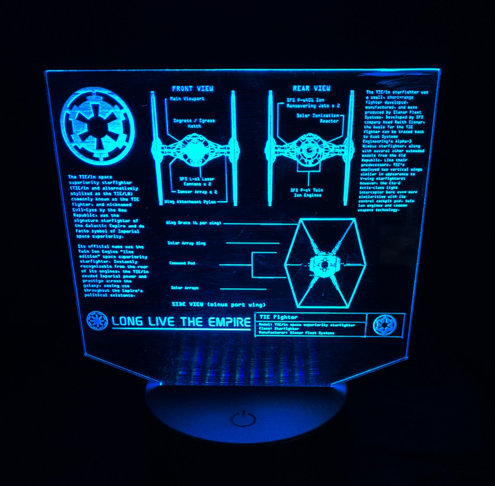 SW Imperial Tie Fighter LED Edge Lit Blueprints Acrylic Sign Light 3