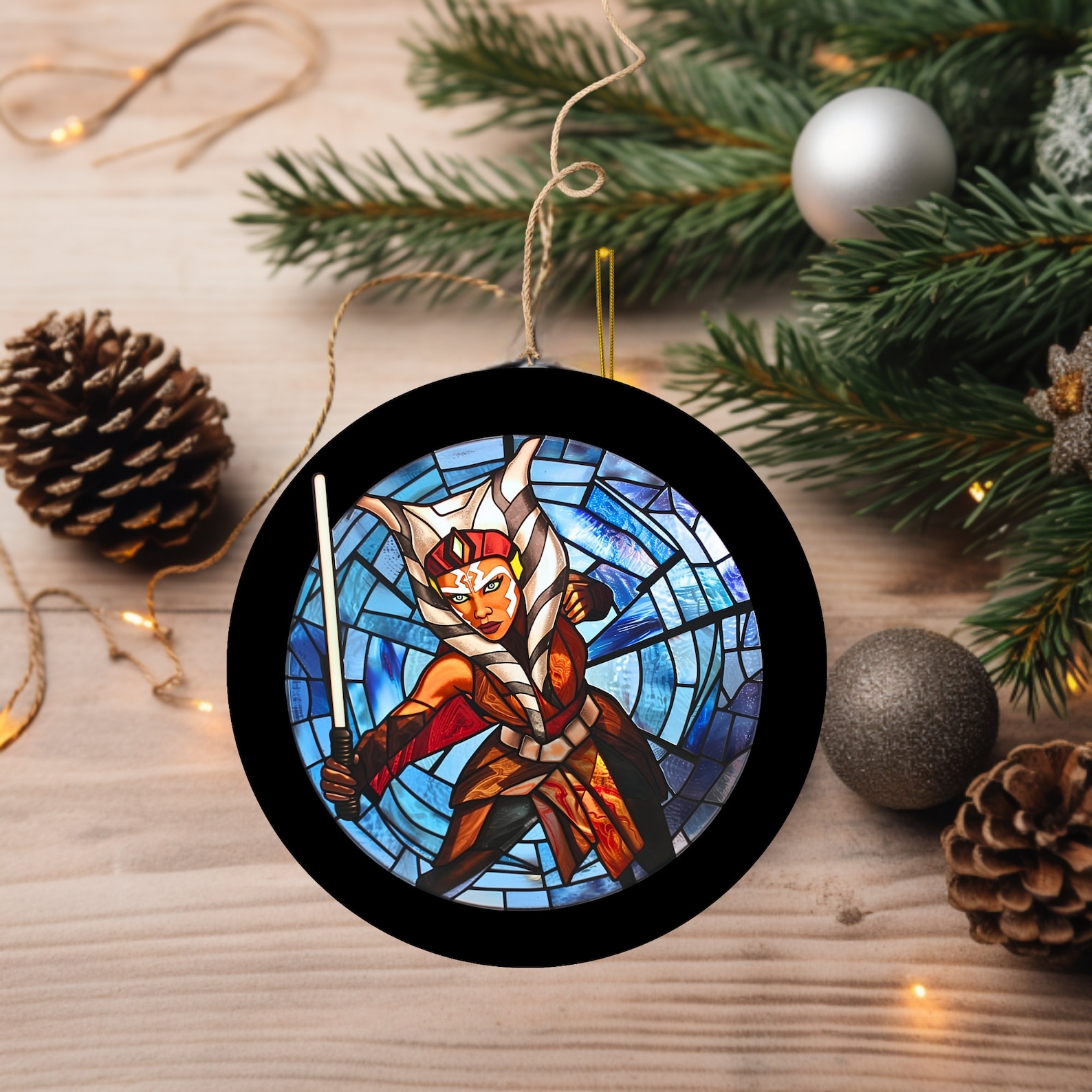 SW Lightsaber Duel Ahsoka's Might Stained Glass Style Holiday Ornament 2