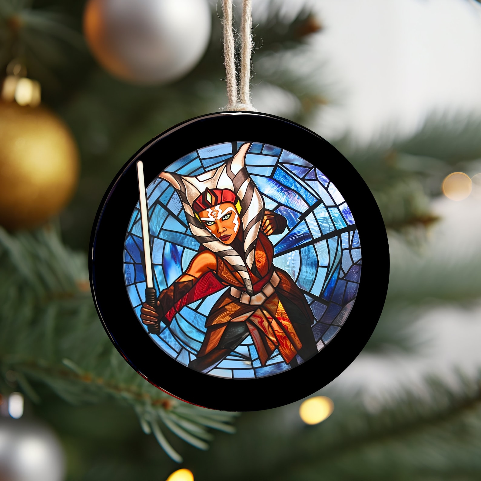 SW Lightsaber Duel Ahsoka's Might Stained Glass Style Holiday Ornament 3