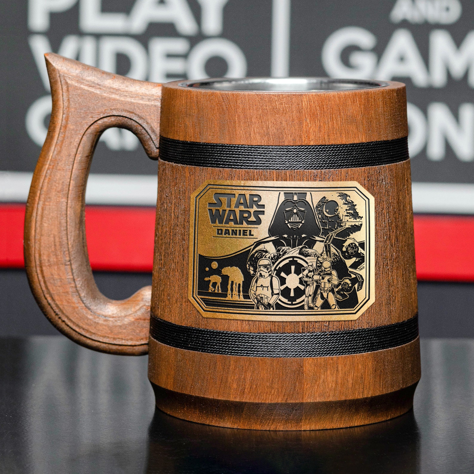 SW Wooden Stein (with Etched Plaque) Beer Mug 1