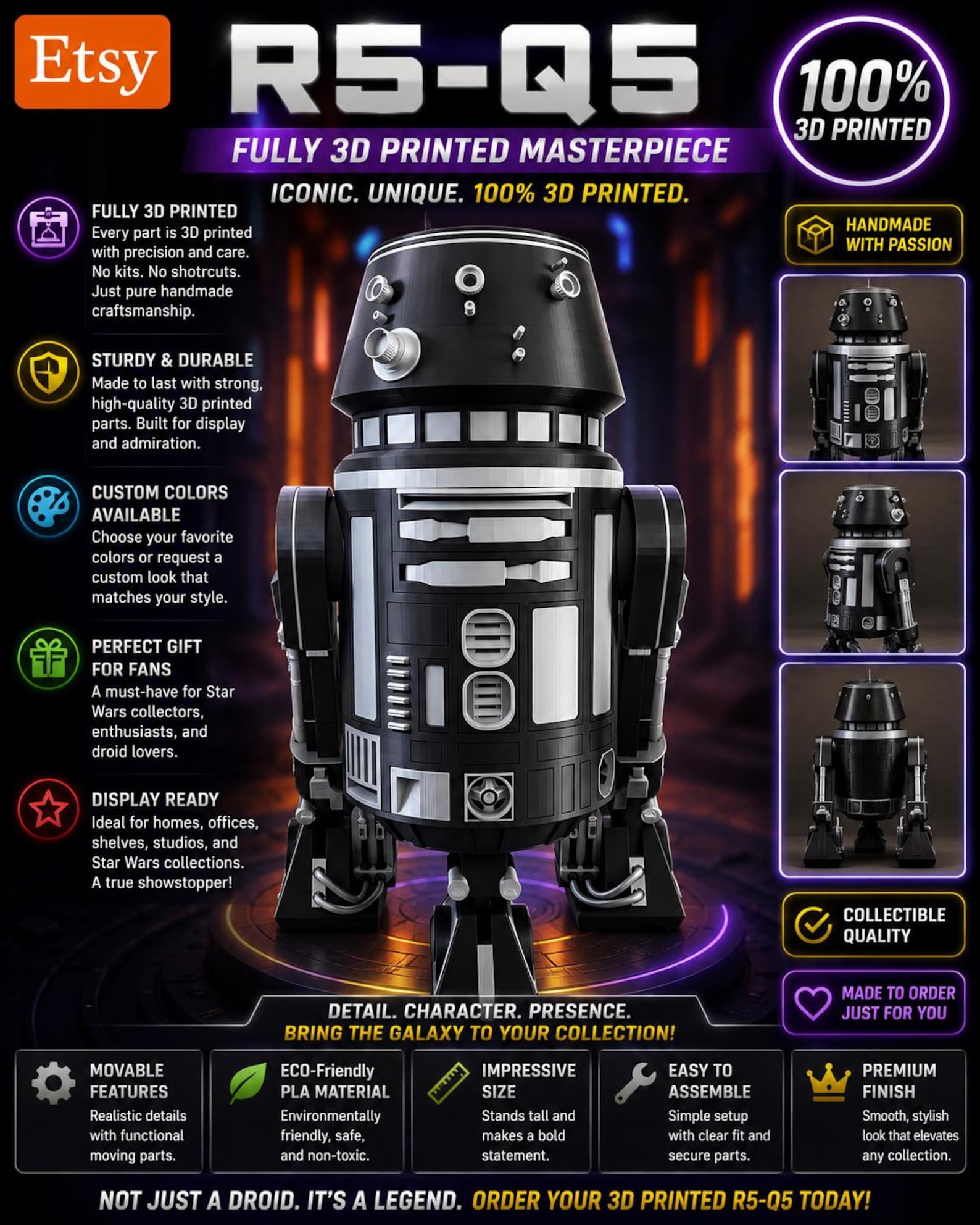 SW R5-J2 Astromech Droid 43" Life Sized 3D Printed Replica Figure 1